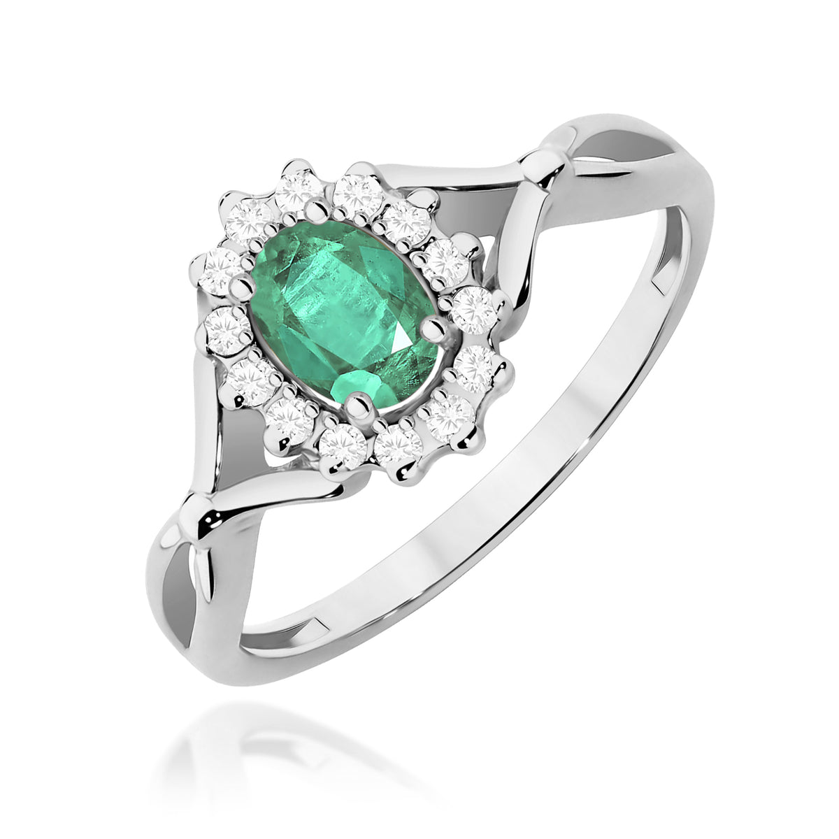 Halo prsteň z bieleho 14k zlata s delenými ramenami so smaragdom 0,40 ct a diamantmi 0,12 ct