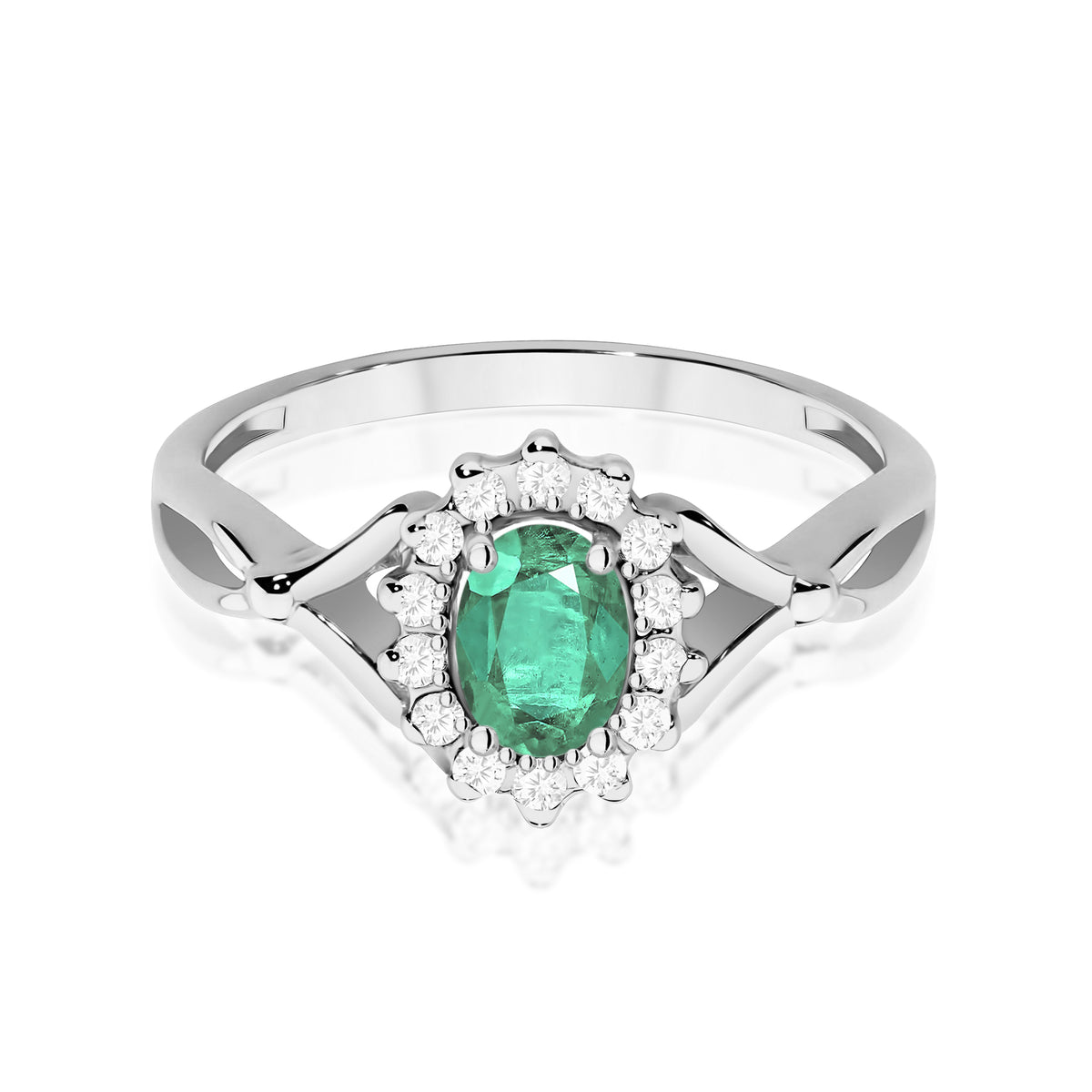 Halo prsteň z bieleho 14k zlata s delenými ramenami so smaragdom 0,40 ct a diamantmi 0,12 ct
