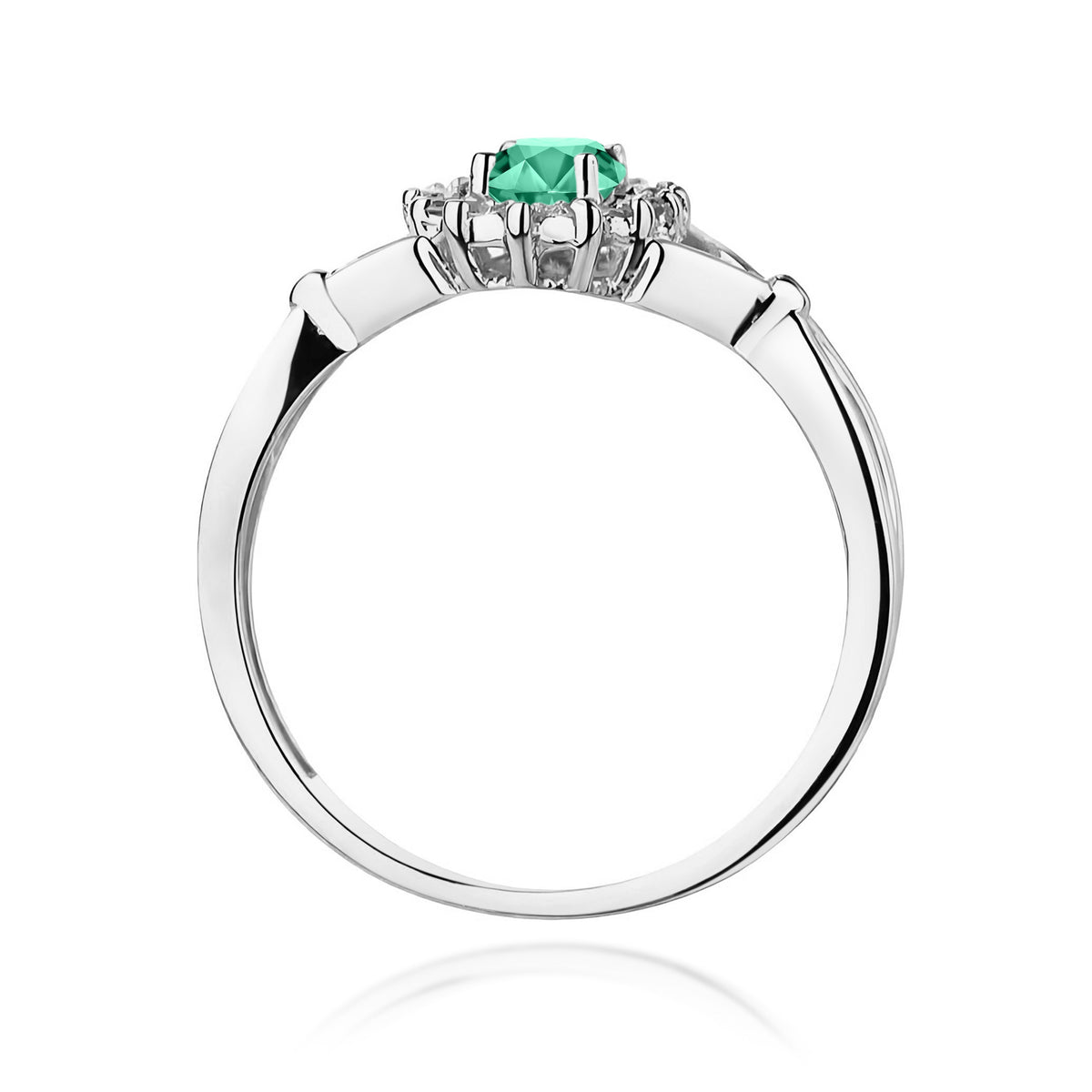 Halo prsteň z bieleho 14k zlata s delenými ramenami so smaragdom 0,40 ct a diamantmi 0,12 ct