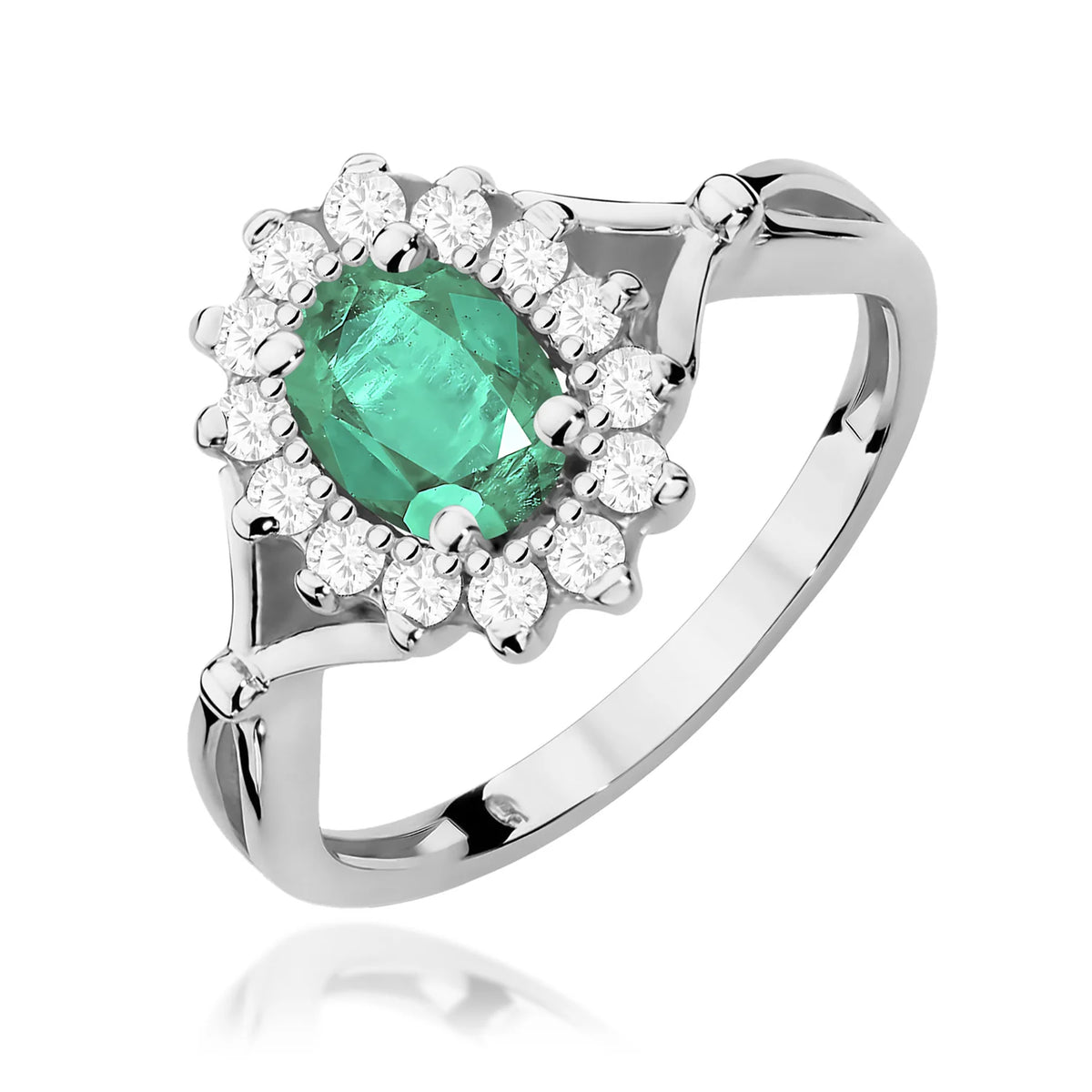 Kvetinový prsteň z bieleho 14k zlata s oválnym smaragdom 0,80 ct a diamantmi 0,28 ct