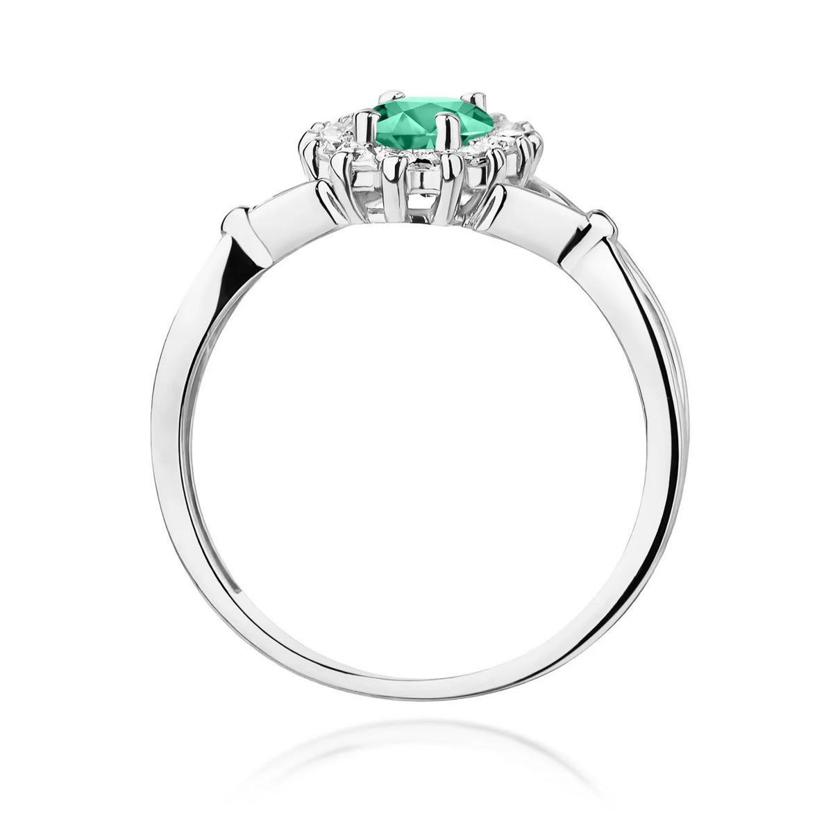 Kvetinový prsteň z bieleho 14k zlata s oválnym smaragdom 0,80 ct a diamantmi 0,28 ct