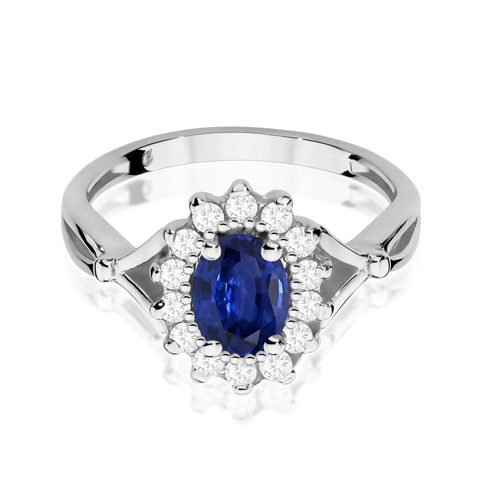 Prsteň z bieleho zlata so zafírom 0,90 ct a diamantmi 0,28 ct