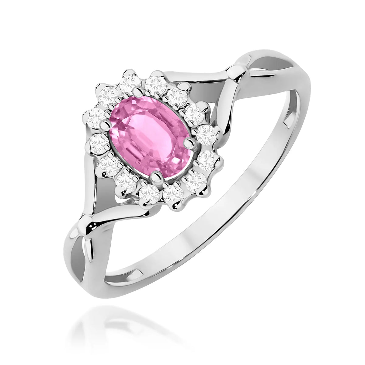 Halo prsteň z bieleho 14k zlata s delenými ramenami, oválnym ružovým zafírom 0,45 ct a diamantmi 0,12 ct