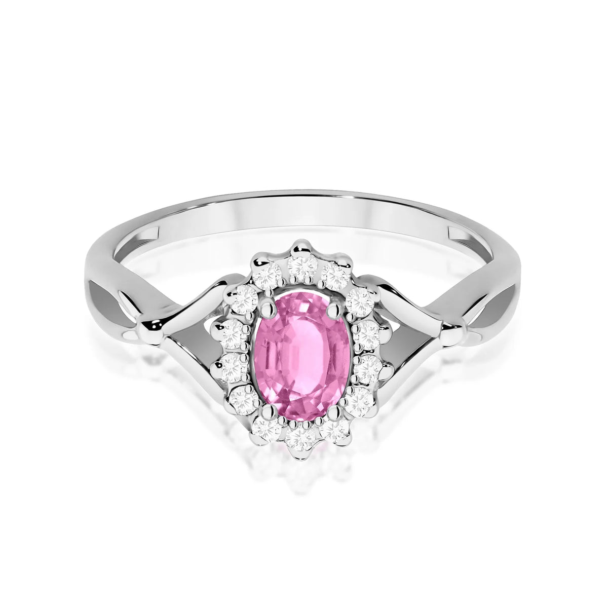 Halo prsteň z bieleho 14k zlata s delenými ramenami, oválnym ružovým zafírom 0,45 ct a diamantmi 0,12 ct