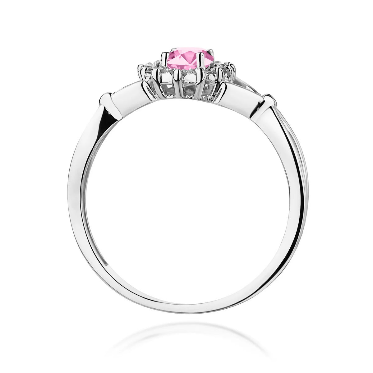 Halo prsteň z bieleho 14k zlata s delenými ramenami, oválnym ružovým zafírom 0,45 ct a diamantmi 0,12 ct