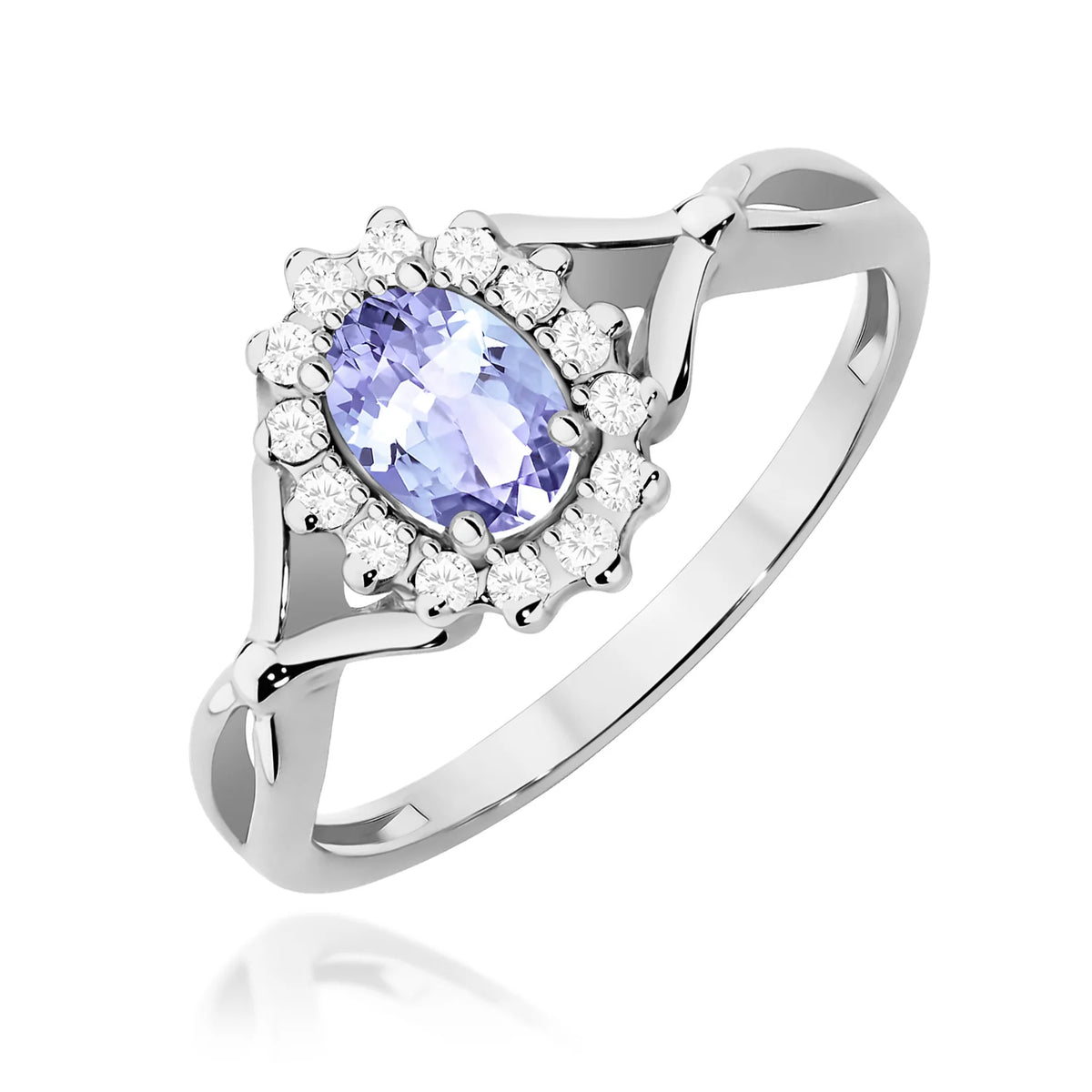 Halo prsteň z bieleho 14k zlata s delenými ramenami a oválnym tanzanitom 0,40 ct a diamantmi 0,12 ct