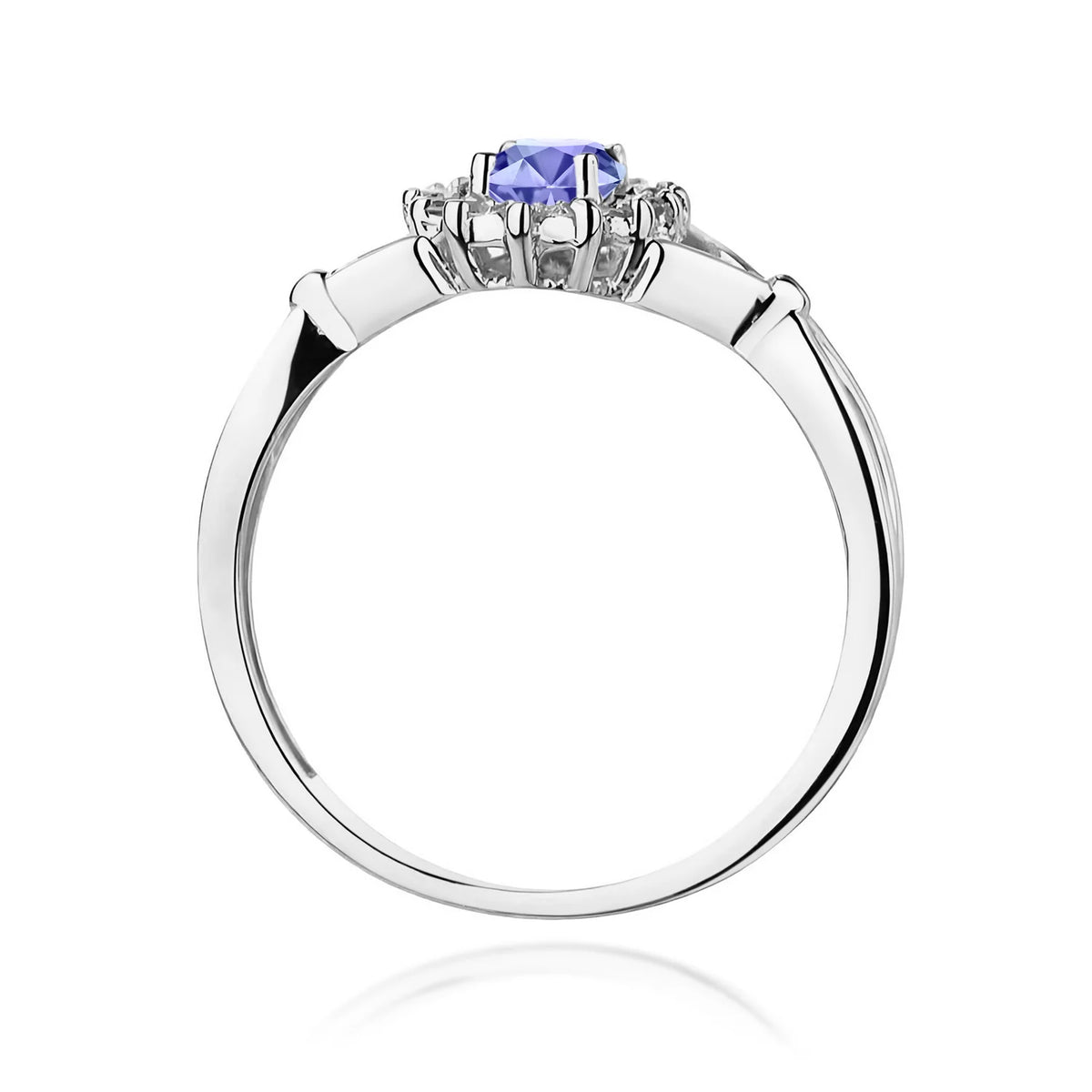 Halo prsteň z bieleho 14k zlata s delenými ramenami a oválnym tanzanitom 0,40 ct a diamantmi 0,12 ct