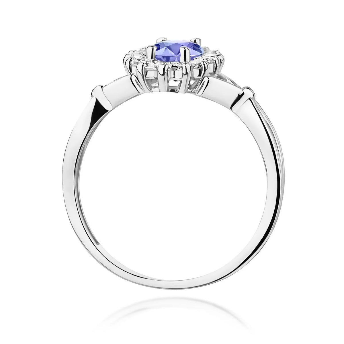 Kvetinový Prsteň s klastrom drahokamov z bieleho 14k zlata s oválnym tanzanitom 0,70 ct a diamantmi 0,28 ct