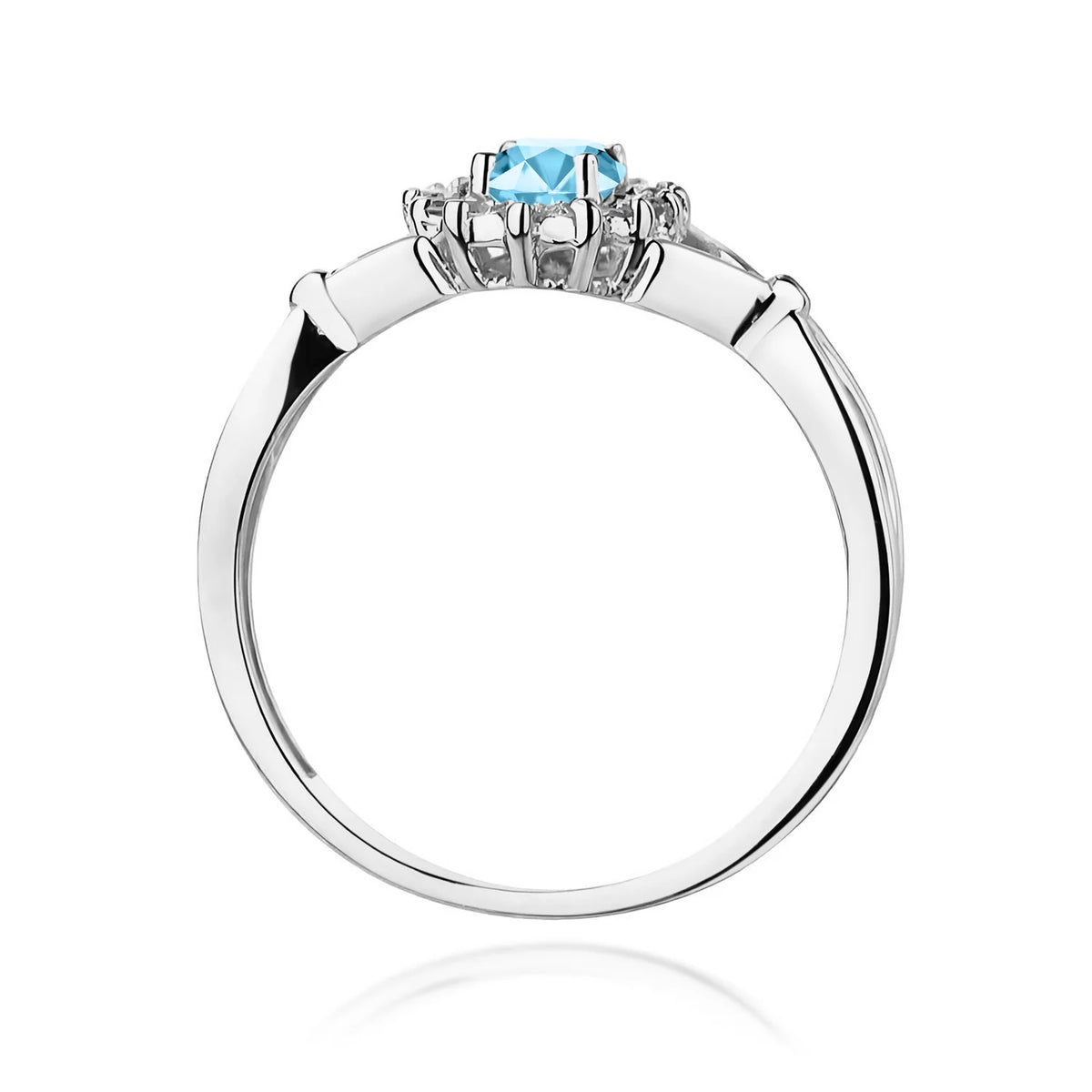 Halo prsteň z bieleho 14k zlata s delenými ramenami, oválnym topásom Swiss Blue 0,50 ct a diamantmi 0,12 ct