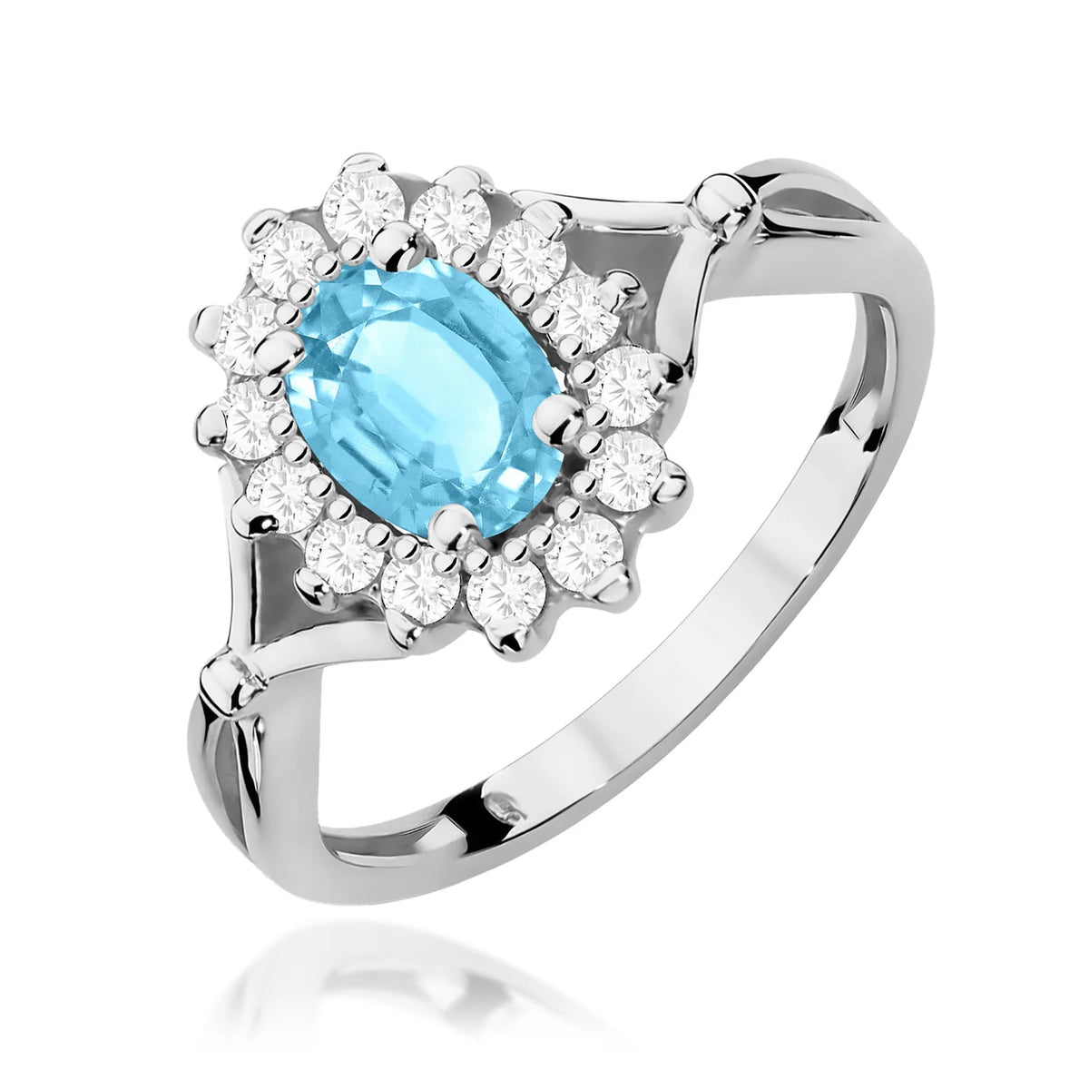 Kvetinový prsteň z bieleho 14k zlata s oválnym topásom Swiss Blue 0,90 ct a diamantmi 0,28 ct