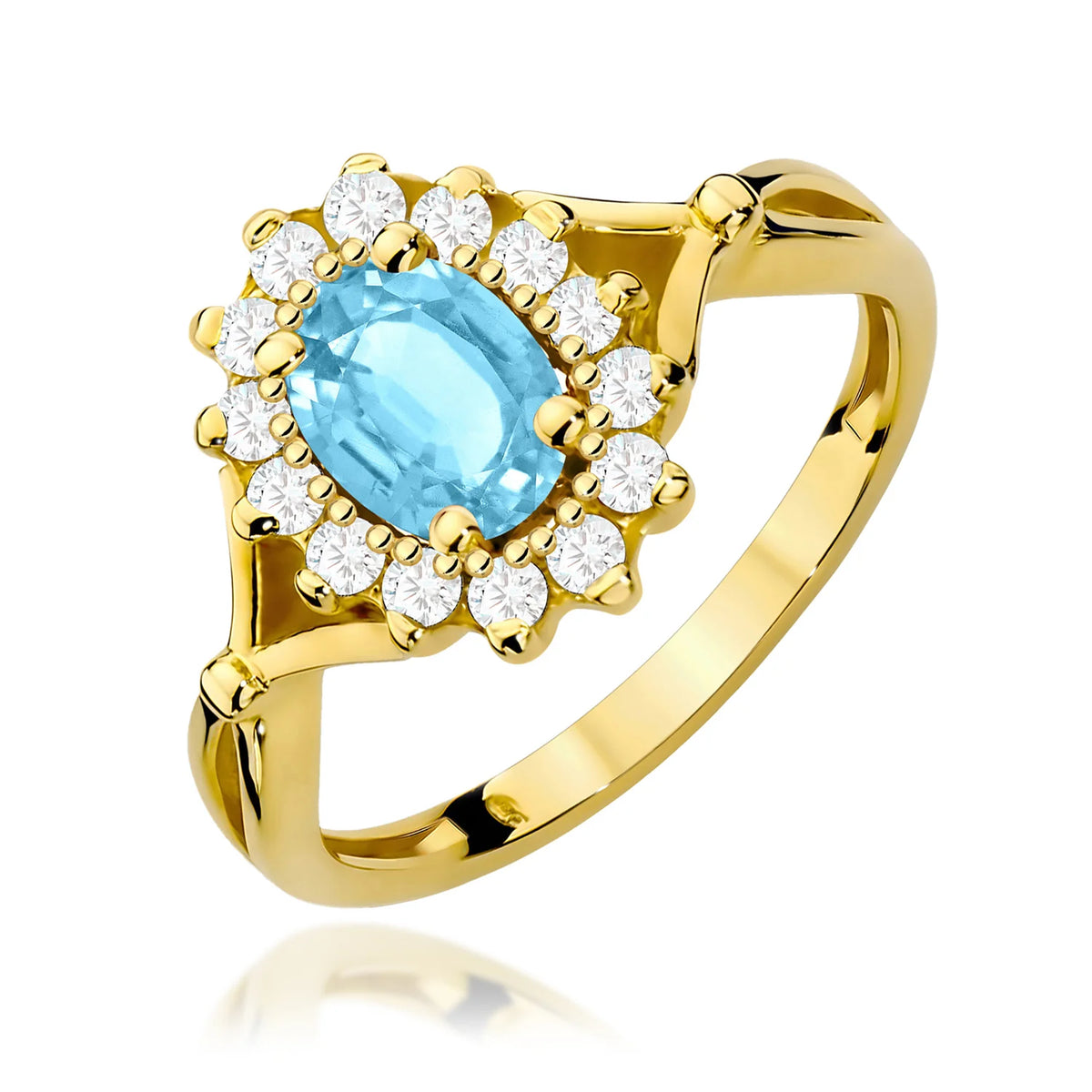 Kvetinový prsteň zo žltého 14k zlata s oválnym topásom Swiss Blue 0,90 ct a diamantmi 0,28 ct