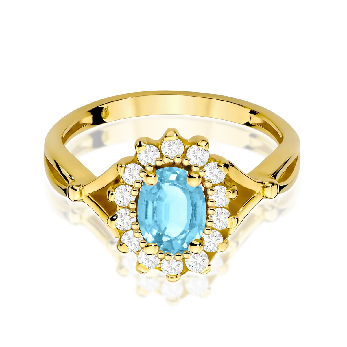 Kvetinový prsteň zo žltého 14k zlata s oválnym topásom Swiss Blue 0,90 ct a diamantmi 0,28 ct
