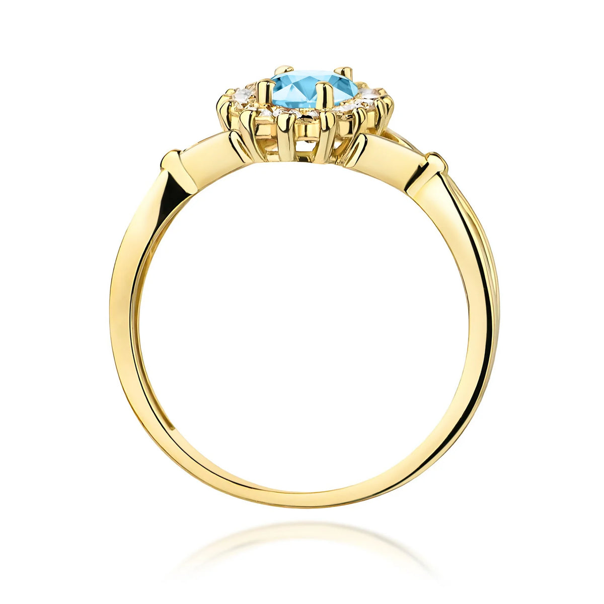 Kvetinový prsteň zo žltého 14k zlata s oválnym topásom Swiss Blue 0,90 ct a diamantmi 0,28 ct