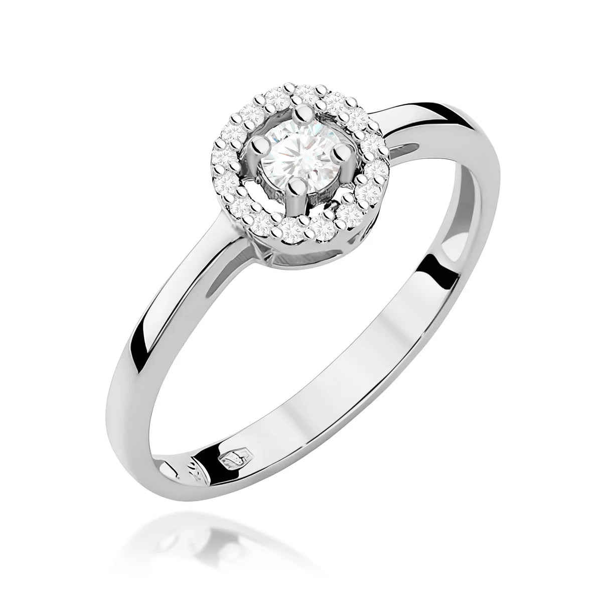 Halo prsteň z bieleho 14k zlata – diamant 0,12 ct a diamantmi 0,08 ct
