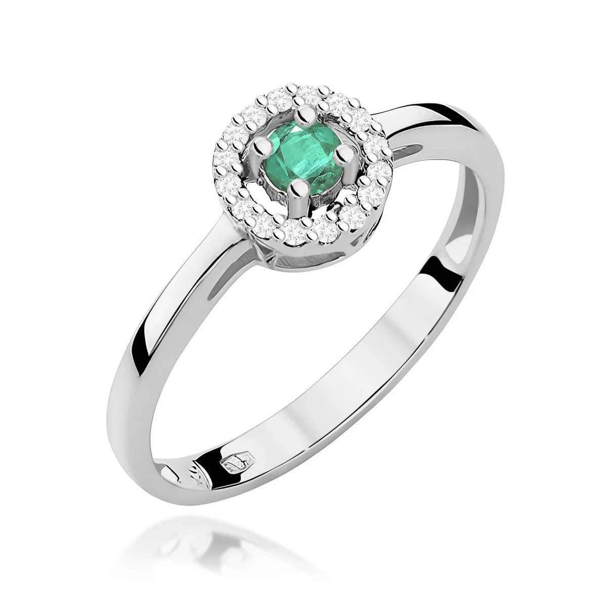 Zaoblený štvorcový prsteň z bieleho 14k zlata so smaragdom 0,15 ct a diamantmi 0,08 ct