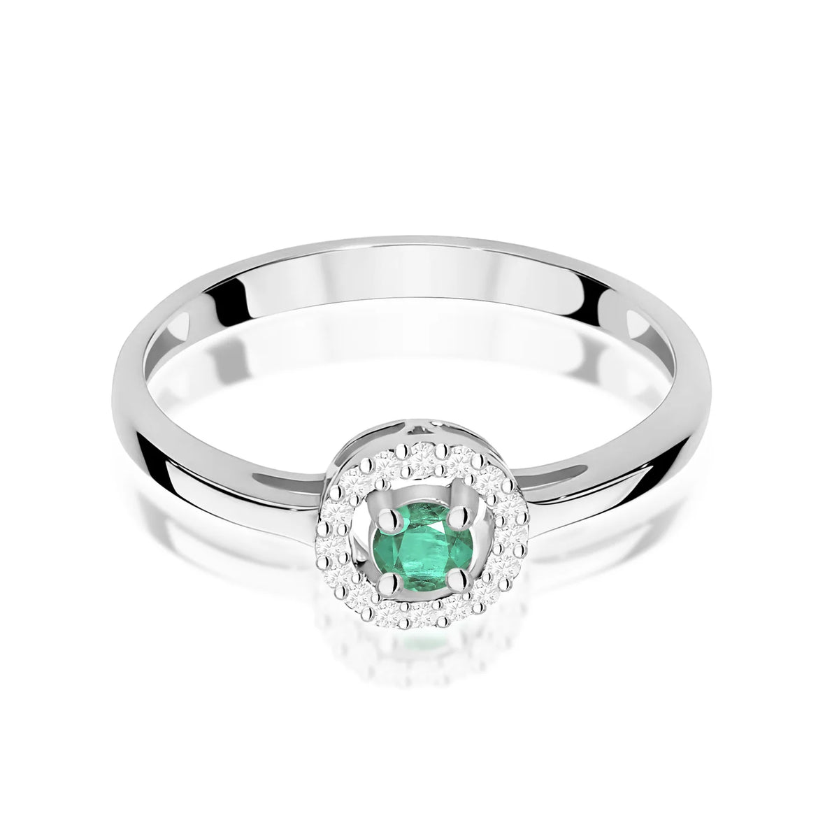 Zaoblený štvorcový prsteň z bieleho 14k zlata so smaragdom 0,15 ct a diamantmi 0,08 ct