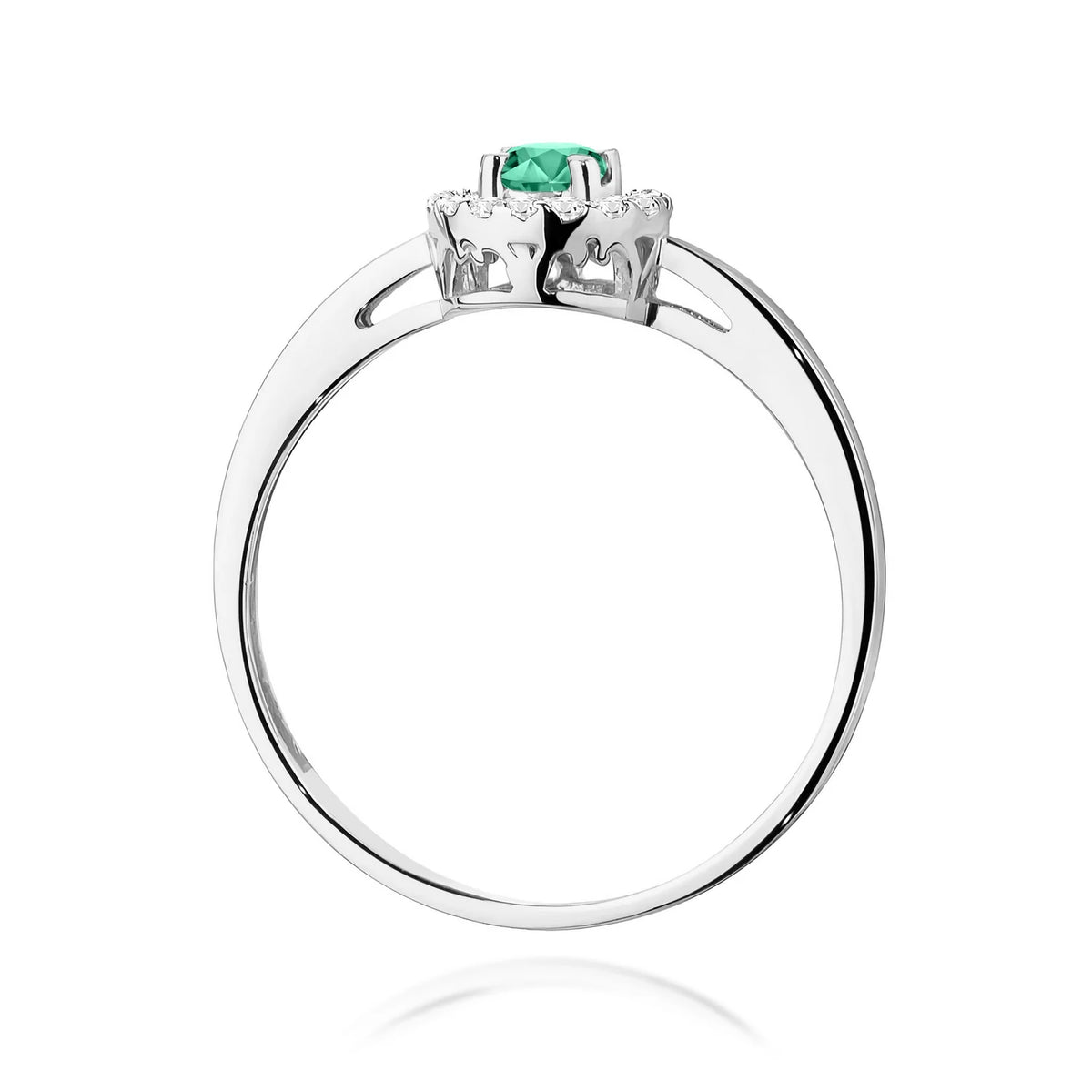 Zaoblený štvorcový prsteň z bieleho 14k zlata so smaragdom 0,15 ct a diamantmi 0,08 ct