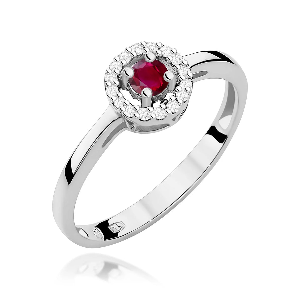 Zaoblený štvorcový prsteň z bieleho 14k zlata s rubínom 0,15 ct a diamantmi 0,08 ct