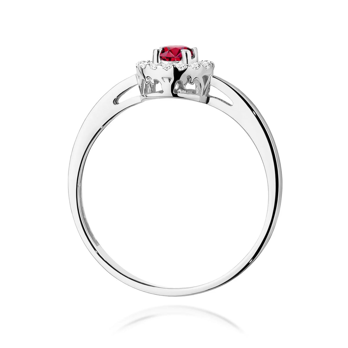 Zaoblený štvorcový prsteň z bieleho 14k zlata s rubínom 0,15 ct a diamantmi 0,08 ct