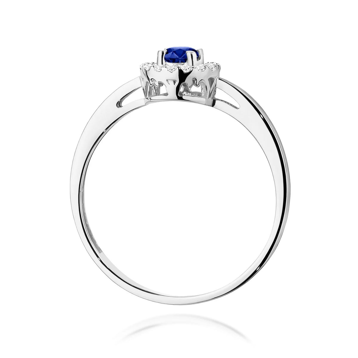 Halo prsteň z bieleho 14k zlata – modrý zafír 0,15 ct a diamantmi 0,08 ct