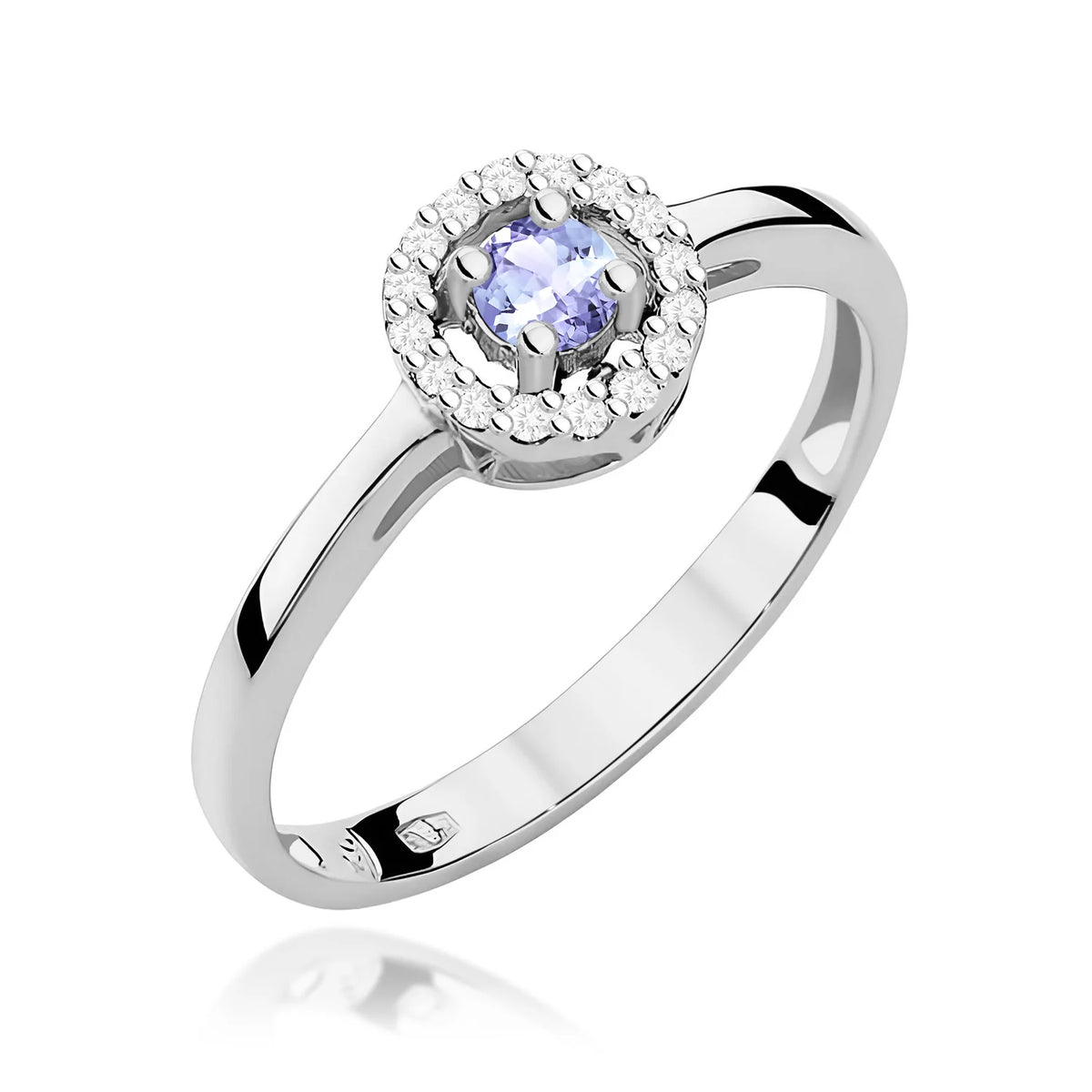 Zaoblený štvorcový prsteň z bieleho 14k zlata s tanzanitom 0,15 ct a diamantmi 0,08 ct