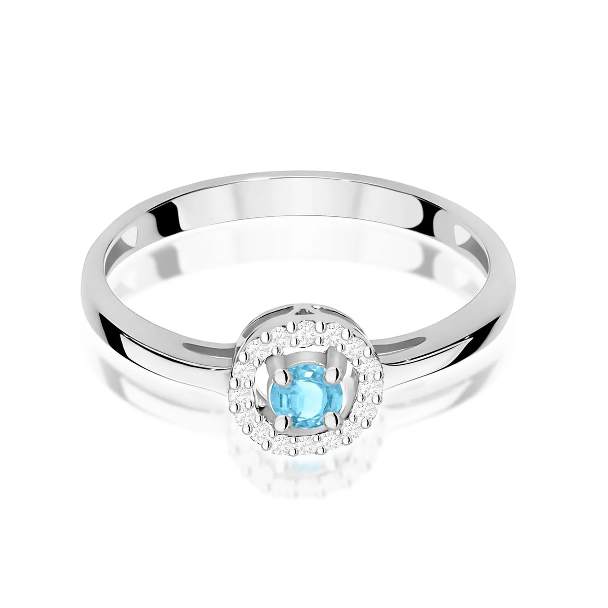 Okrúhly štvorcový prsteň z bieleho 14k zlata s topásom Swiss Blue 0,15 ct a diamantmi 0,08 ct