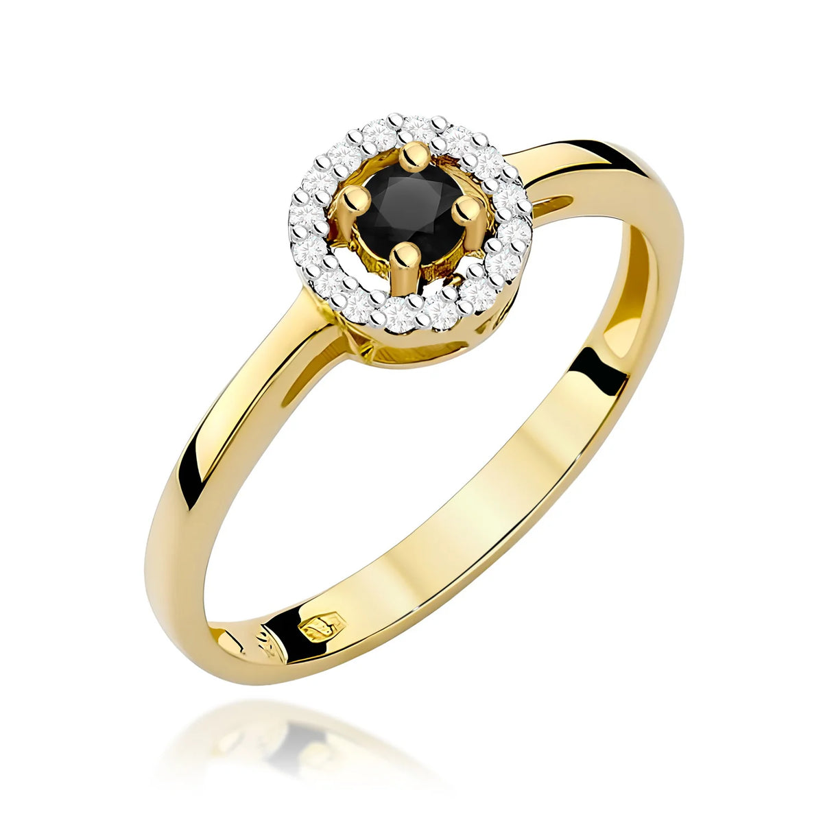 Zaoblený štvorcový prsteň zo žltého 14k zlata s čiernym diamantom 0,12 ct a diamantmi 0,08 ct