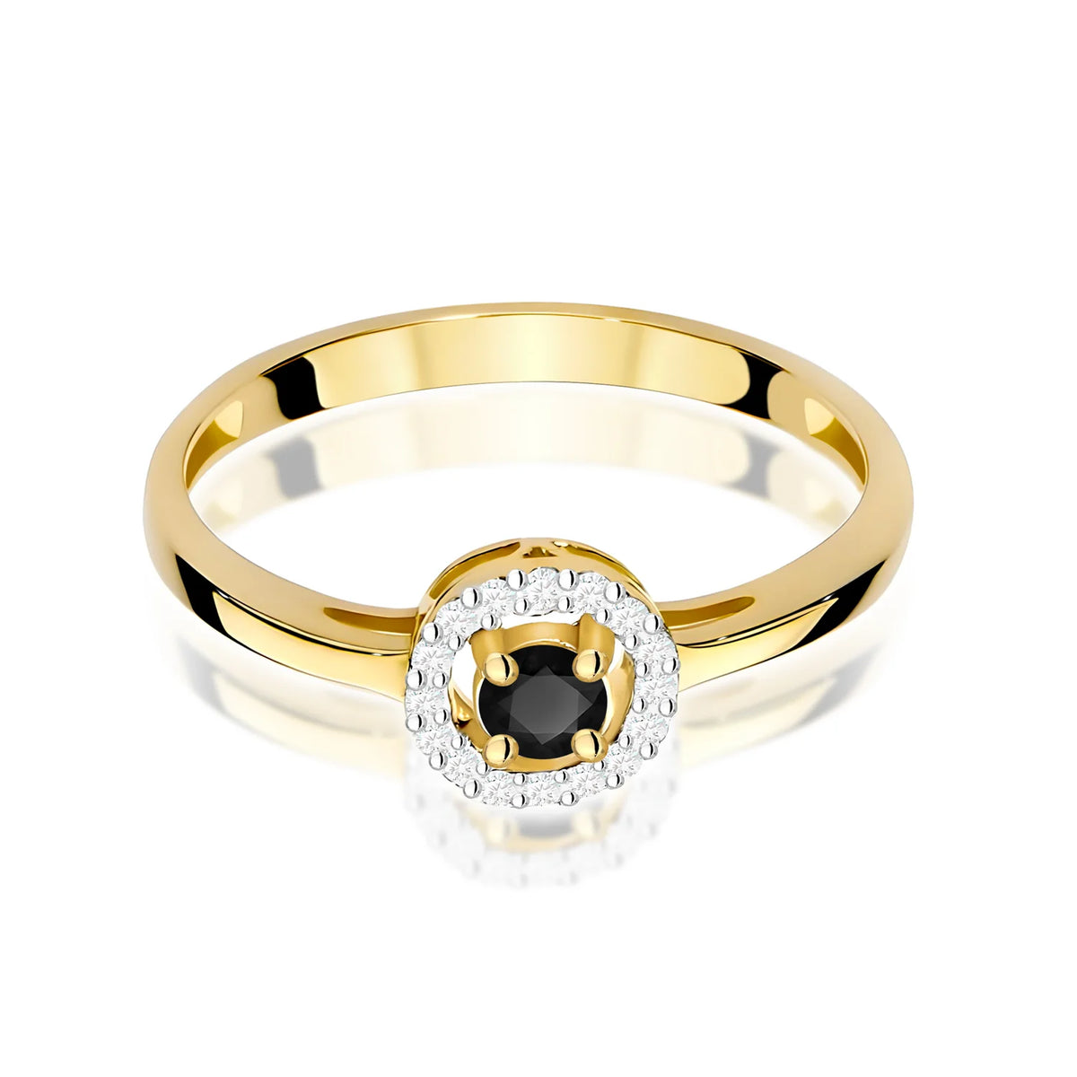 Zaoblený štvorcový prsteň zo žltého 14k zlata s čiernym diamantom 0,12 ct a diamantmi 0,08 ct