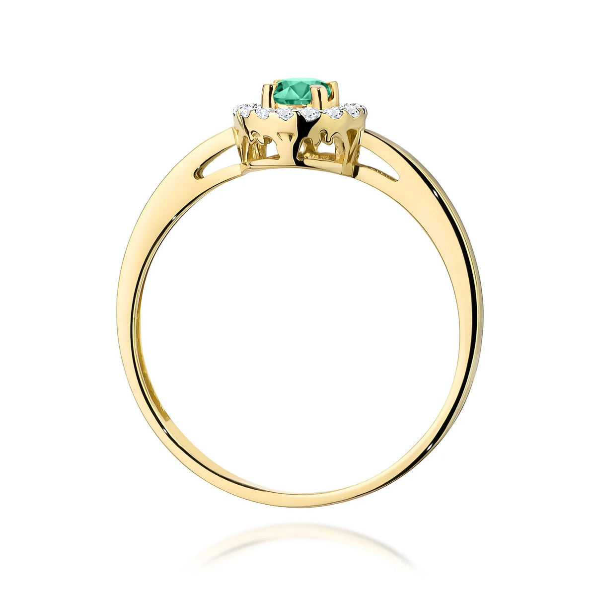 Zaoblený štvorcový prsteň zo žltého 14k zlata so smaragdom 0,15 ct a diamantmi 0,08 ct