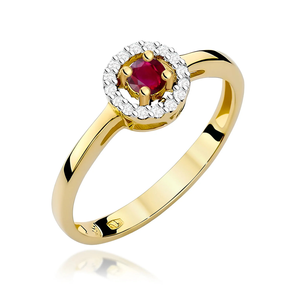 Zaoblený štvorcový prsteň zo žltého 14k zlata s rubínom 0,15 ct a diamantmi 0,08 ct