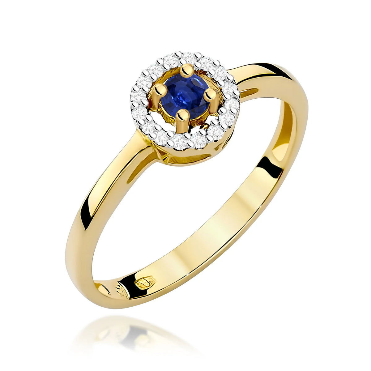 Zaoblený štvorcový prsteň zo žltého 14k zlata s modrým zafírom 0,15 ct a diamantmi 0,08 ct