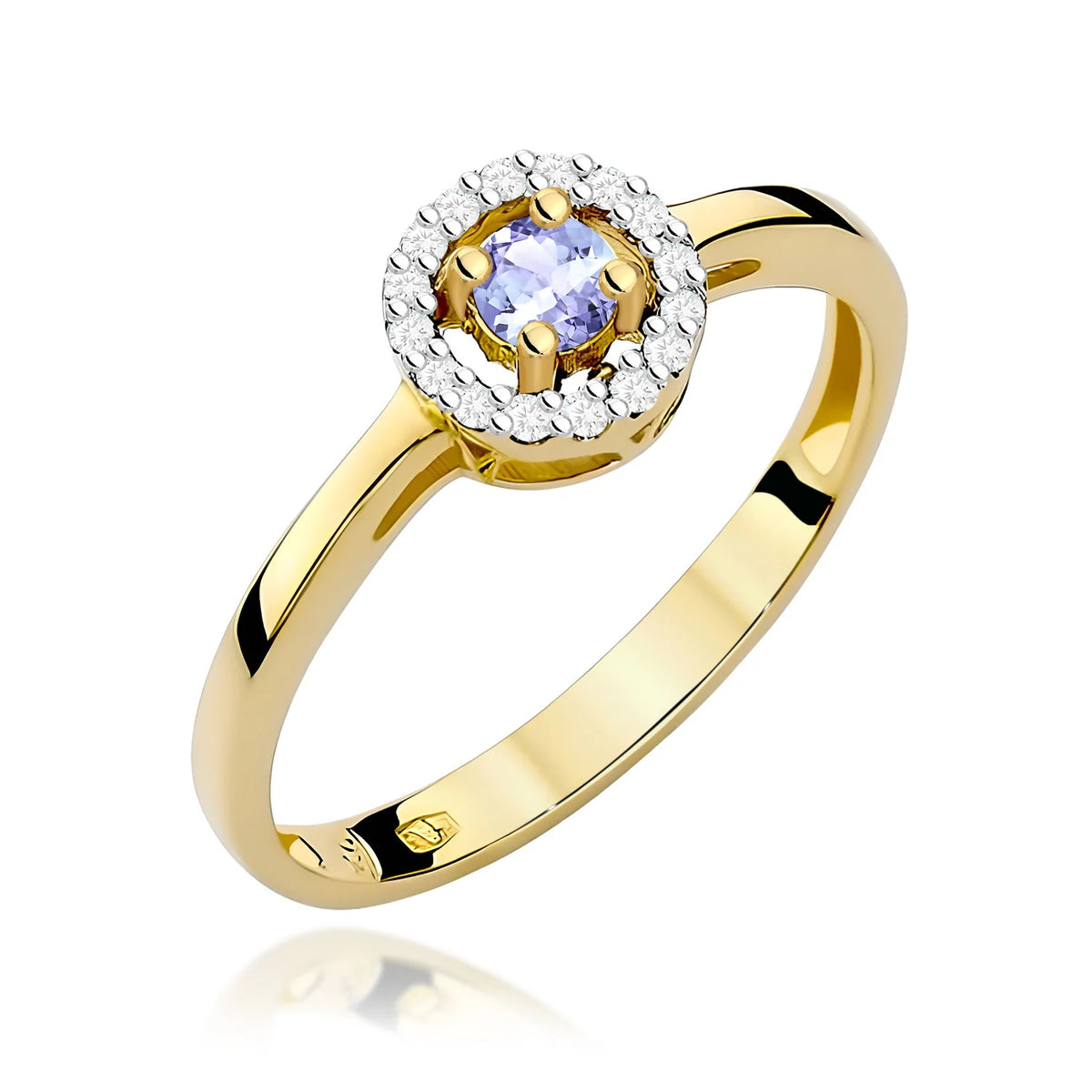 Zaoblený štvorcový prsteň zo žltého 14k zlata s tanzanitom 0,15 ct a diamantmi 0,08 ct