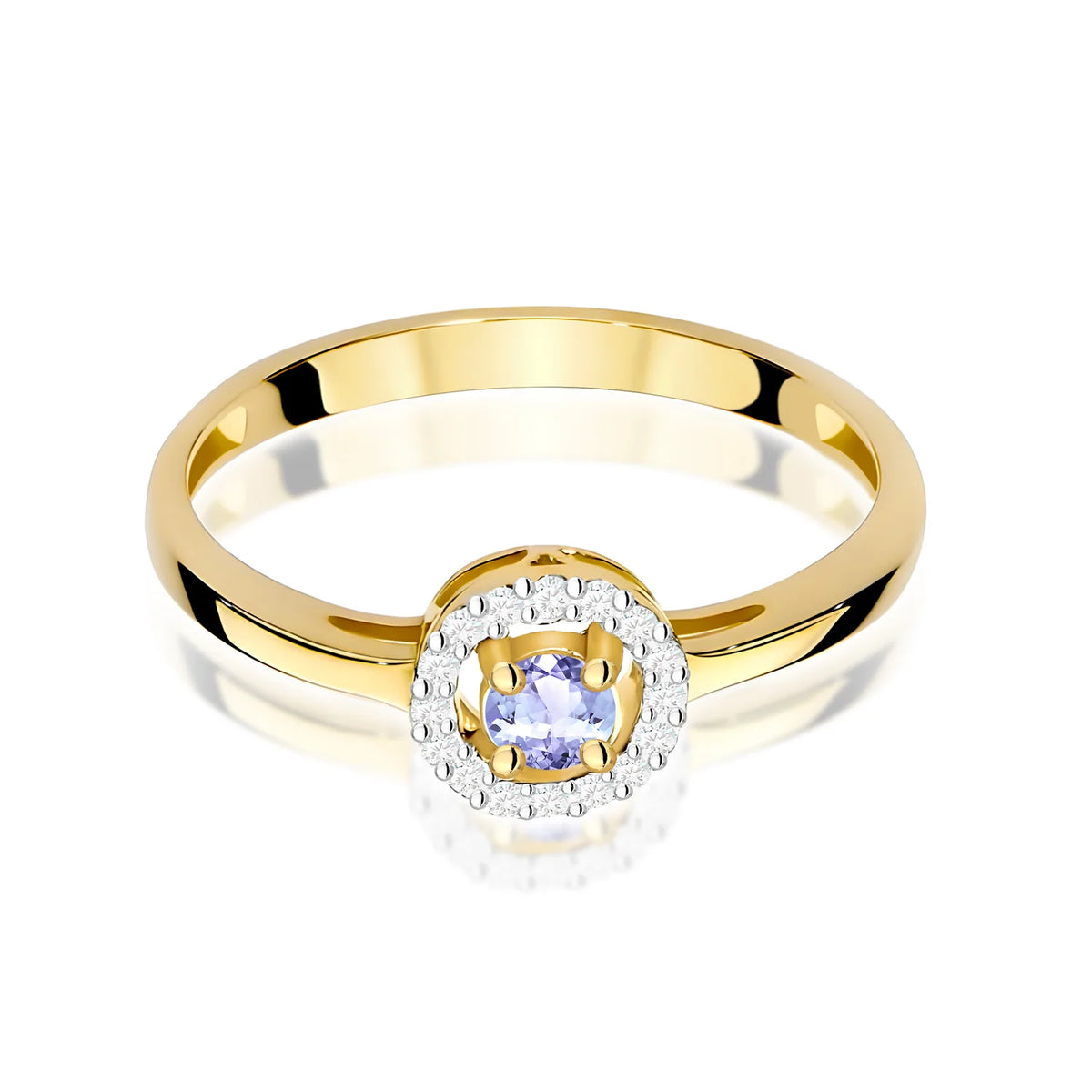 Zaoblený štvorcový prsteň zo žltého 14k zlata s tanzanitom 0,15 ct a diamantmi 0,08 ct