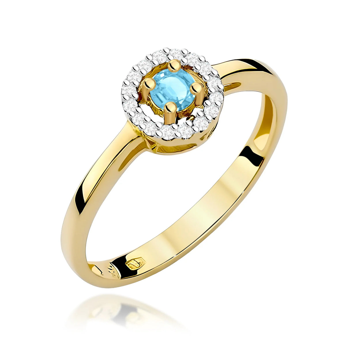Zaoblený štvorcový prsteň zo žltého 14k zlata s topásom Swiss Blue 0,15 ct a diamantmi 0,08 ct