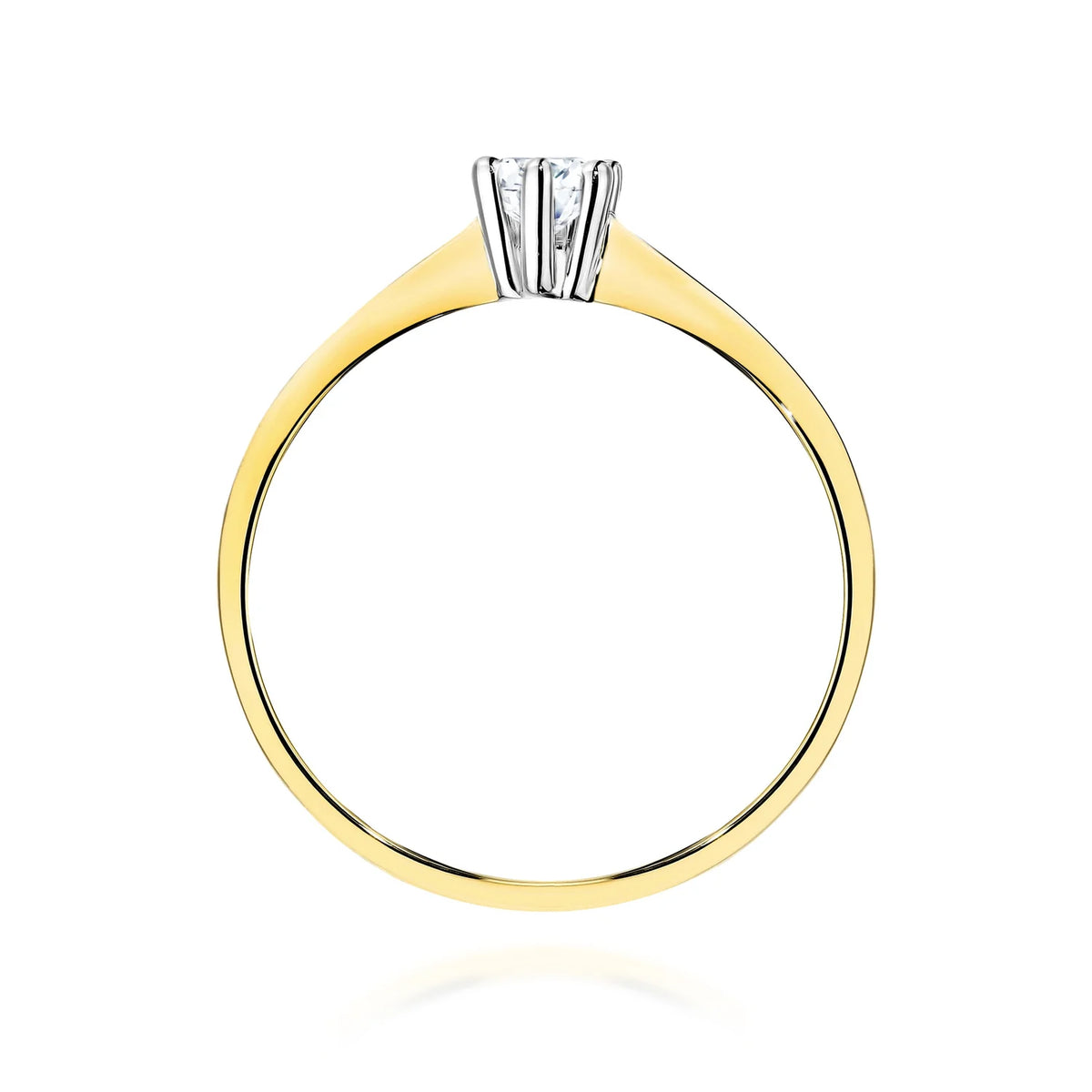 Solitérny zásnubný prsteň s osadením do šiestich krapní zo žltého 14k zlata s úzkymi zúženými ramenami a diamantom 0,15 ct