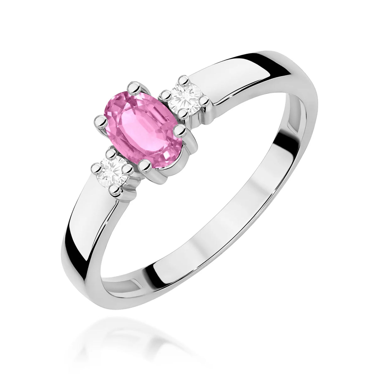 Prsteň s tromi kameňmi z bieleho 14k zlata s oválnym ružovým zafírom 0,45 ct a diamantmi 0,08 ct