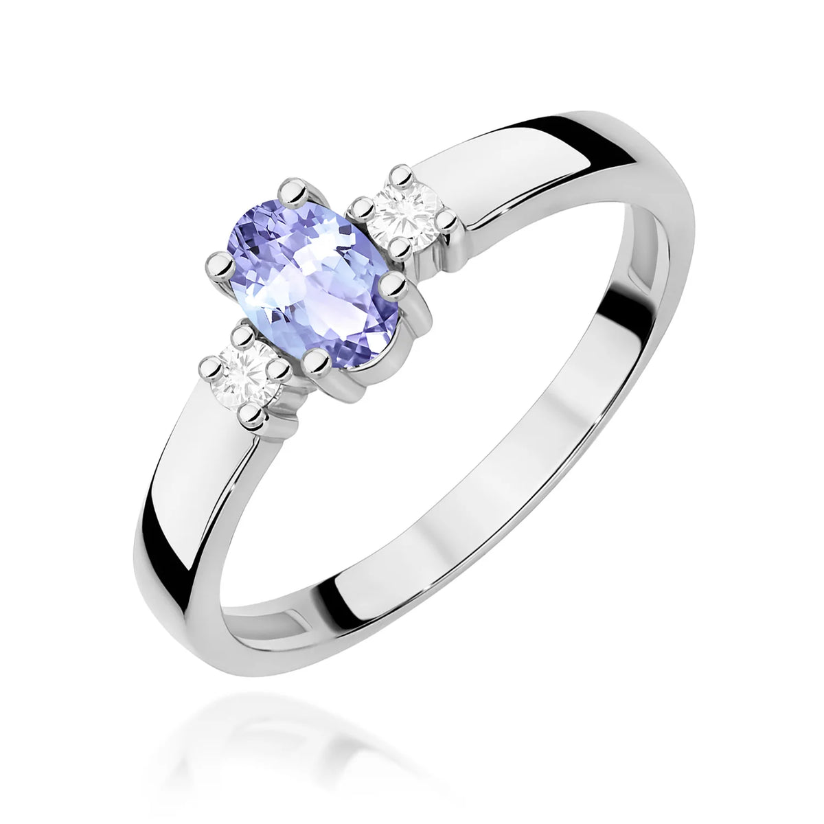 Prsteň s tromi kameňmi z bieleho 14k zlata s oválnym tanzanitom 0,40 ct a diamantmi 0,08 ct