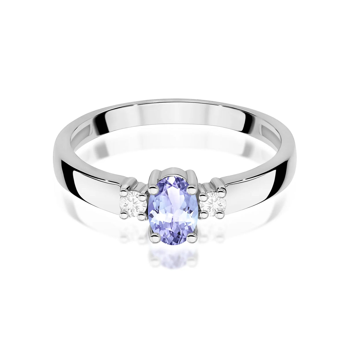 Prsteň s tromi kameňmi z bieleho 14k zlata s oválnym tanzanitom 0,40 ct a diamantmi 0,08 ct