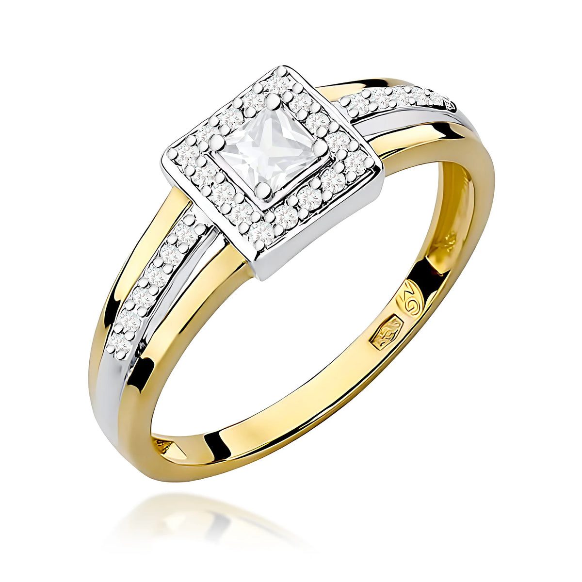 Prsteň zo žltého zlata – lab-grown diamant Princess s hmotnosťou 0,15 ct, doplnený 28 × 0,005 ct lab-grown diamantmi