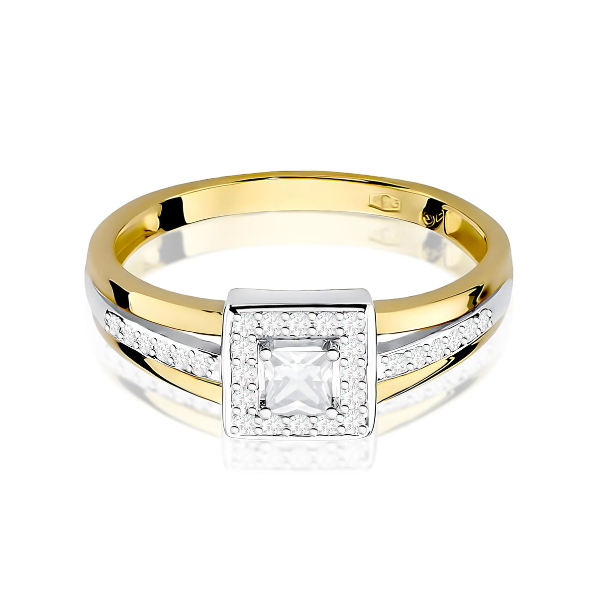 Prsteň zo žltého zlata – lab-grown diamant Princess s hmotnosťou 0,15 ct, doplnený 28 × 0,005 ct lab-grown diamantmi