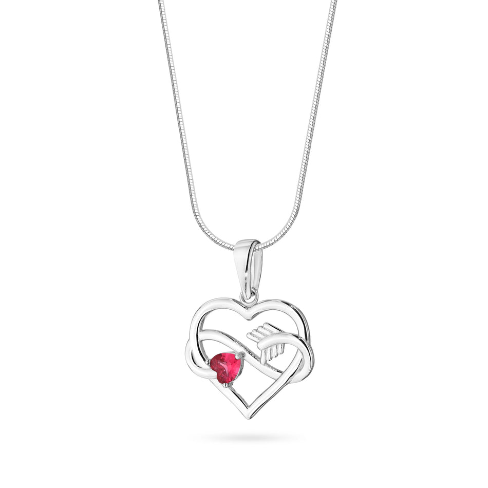Silver Necklace with Heart and Infinity Symbol and Red Cubic Zirconia
