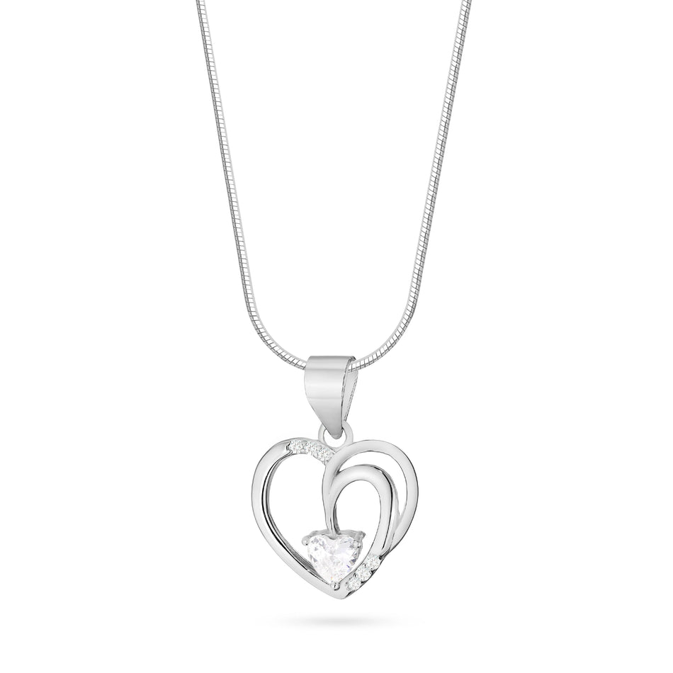 Silver Necklace with Openwork Heart Pendant and Heart-Shaped Cubic Zirconia