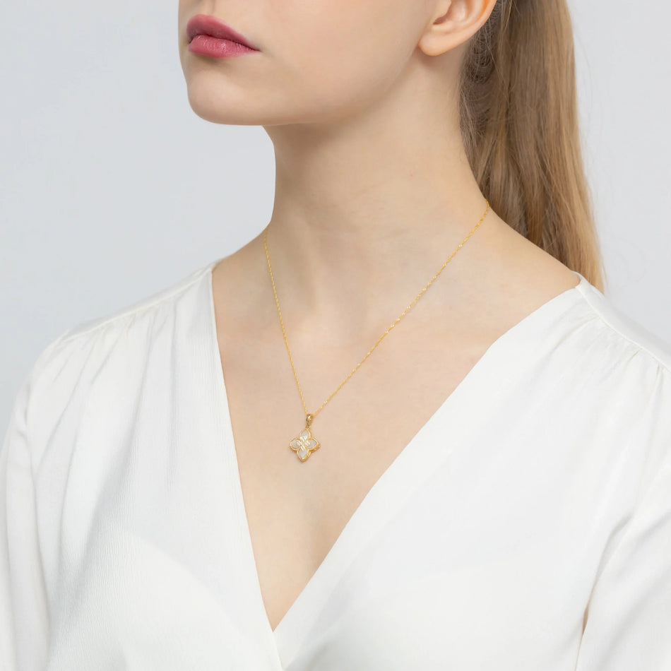 Gold set: black enamel flower pendant with zirconia