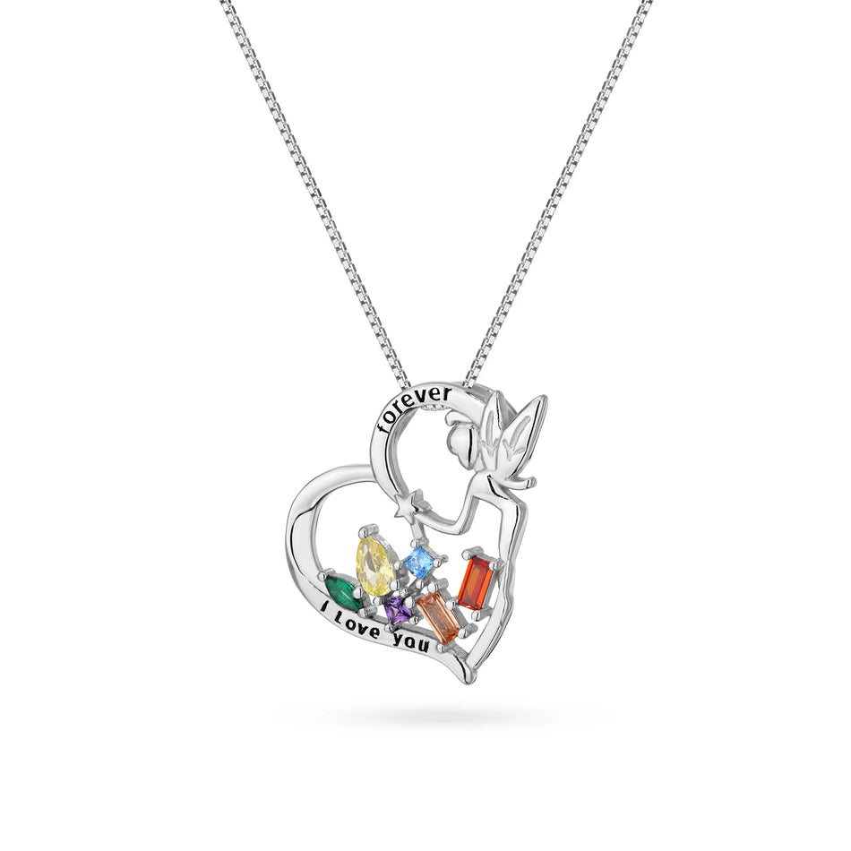 Silver Necklace Heart Pendant and Multicolor Cubic Zirconia for Engraving