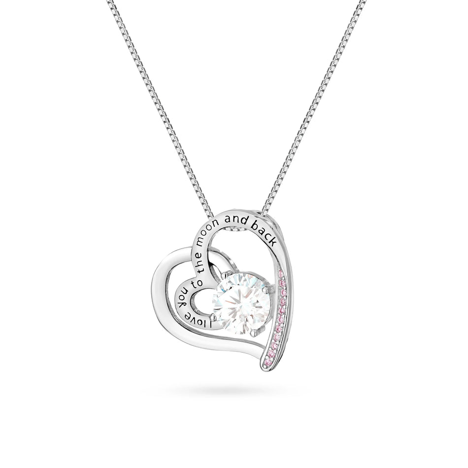 Silver Necklace Heart Pendant and Large Cubic Zirconia for Engraving