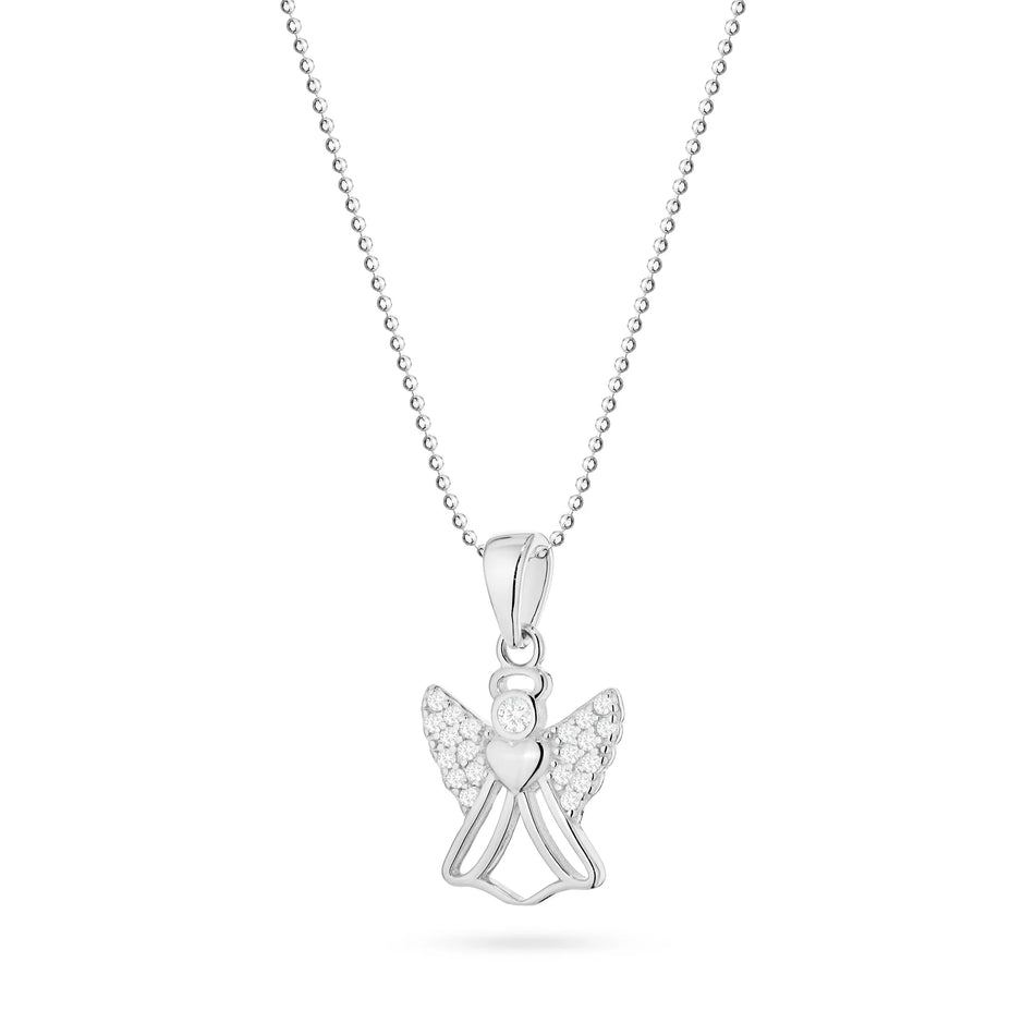 Silver Necklace with Angel Pendant and Heart with Cubic Zirconia