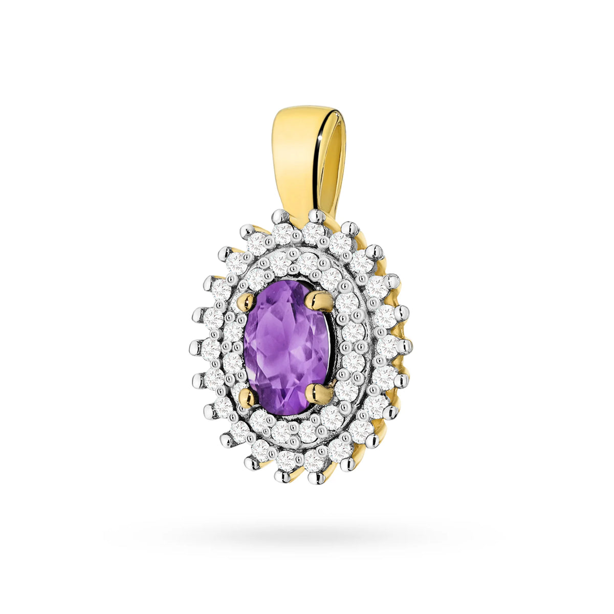 Prívesok zo 14K (585) zlata. Stredový ametyst 0,40 ct obklopený 39 diamantmi 0,19 ct. Jedinečný darček pre ňu. Náš obchod ponúka retiazky, prstene, náušnice.