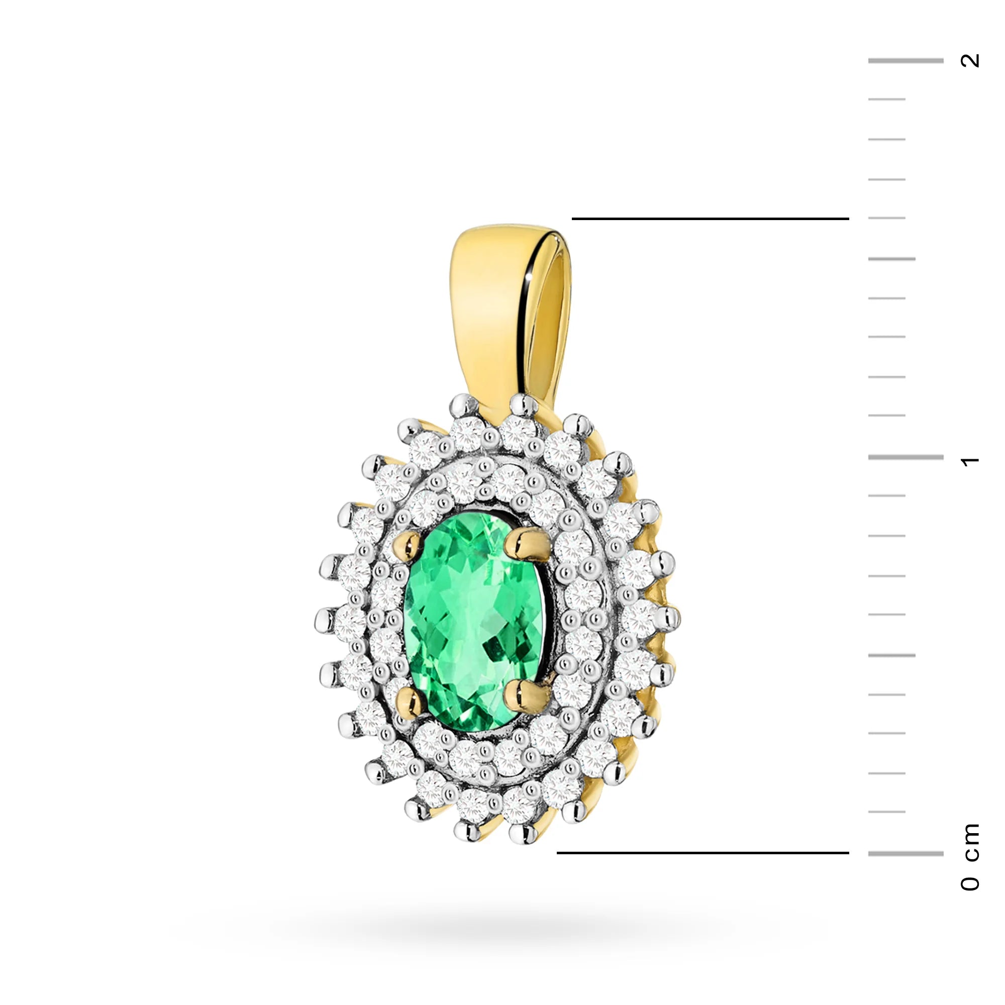 Prívesok vyrobený zo 14K (585) zlata. Stredný smaragd 0,40 ct obklopený 39 diamantmi 0,19 ct. Jedinečný darček pre ňu. Náš obchod ponúka retiazky, prstene alebo náramky.