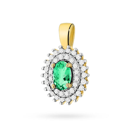 Prívesok zo 14K (585) zlata. Stredový smaragd 0,40 ct obklopený 39 diamantmi 0,19 ct. Jedinečný darček pre ňu. Náš obchod ponúka retiazky, prstene alebo náramky.