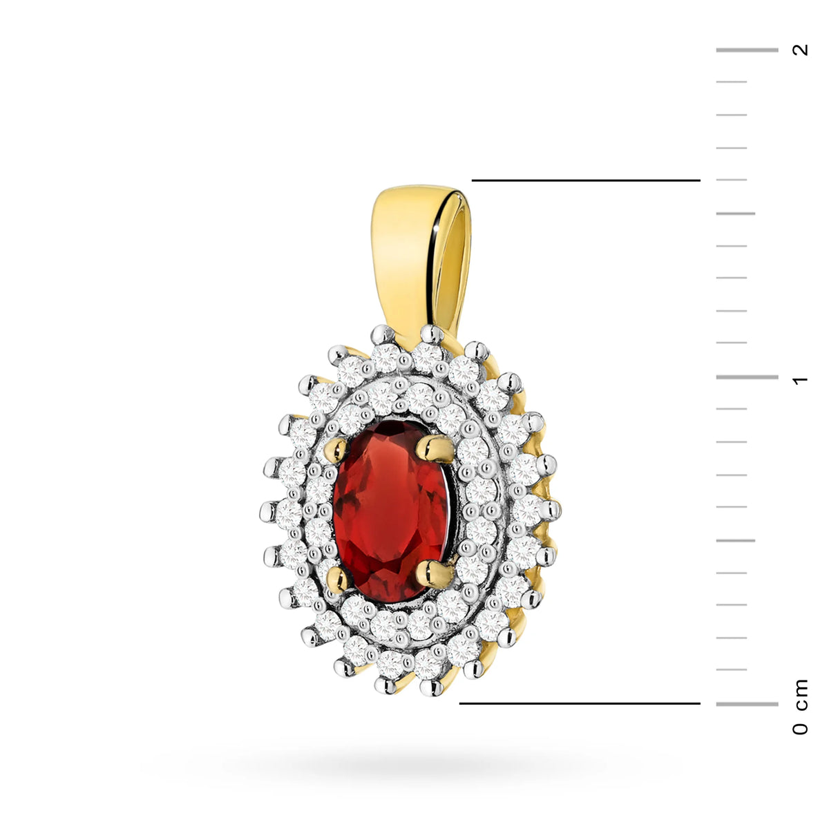 Prívesok zo 14K (585) zlata. Stredový granát 0,50 ct obklopený 39 diamantmi 0,19 ct. Jedinečný darček pre ňu. Náš obchod ponúka retiazky, prstene alebo náramky